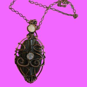 Large Black Tourmaline wire wrapped in copper w evil eye & crystal